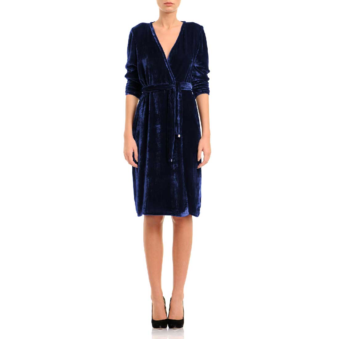 Navy-blue silk velvet wrap dress ...